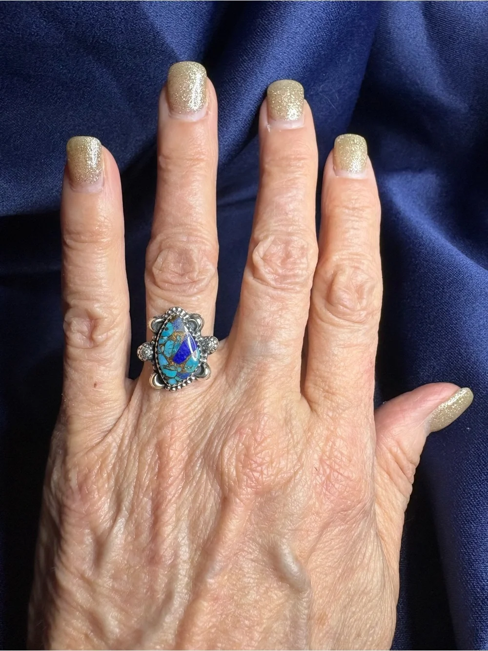 Ring Blue Dahlia Turquoise and Lapis Mosaic 925 Sterling Silver Floral Southwest - Picture 5 of 5